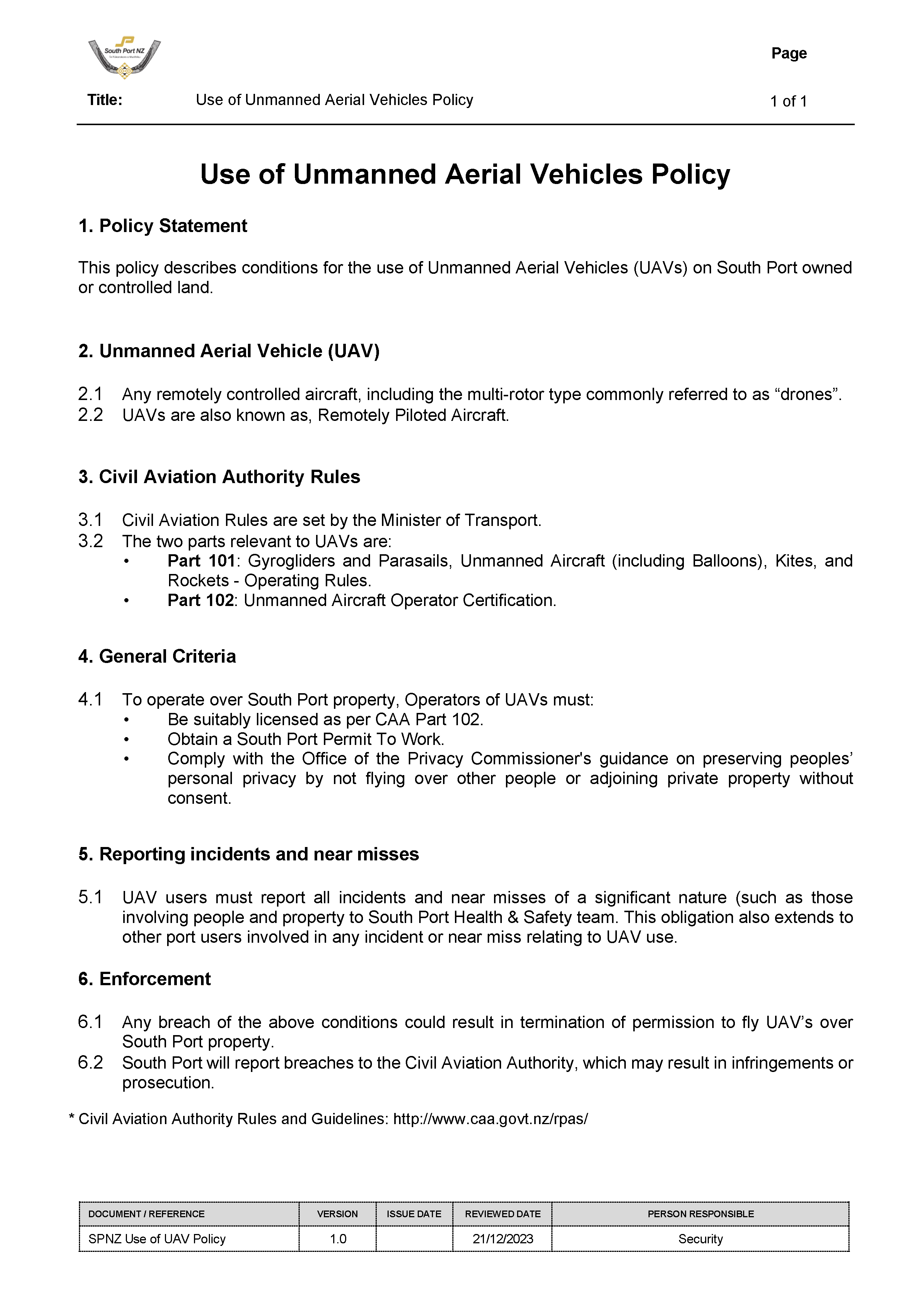Use of UAV Policy 21 12 2023